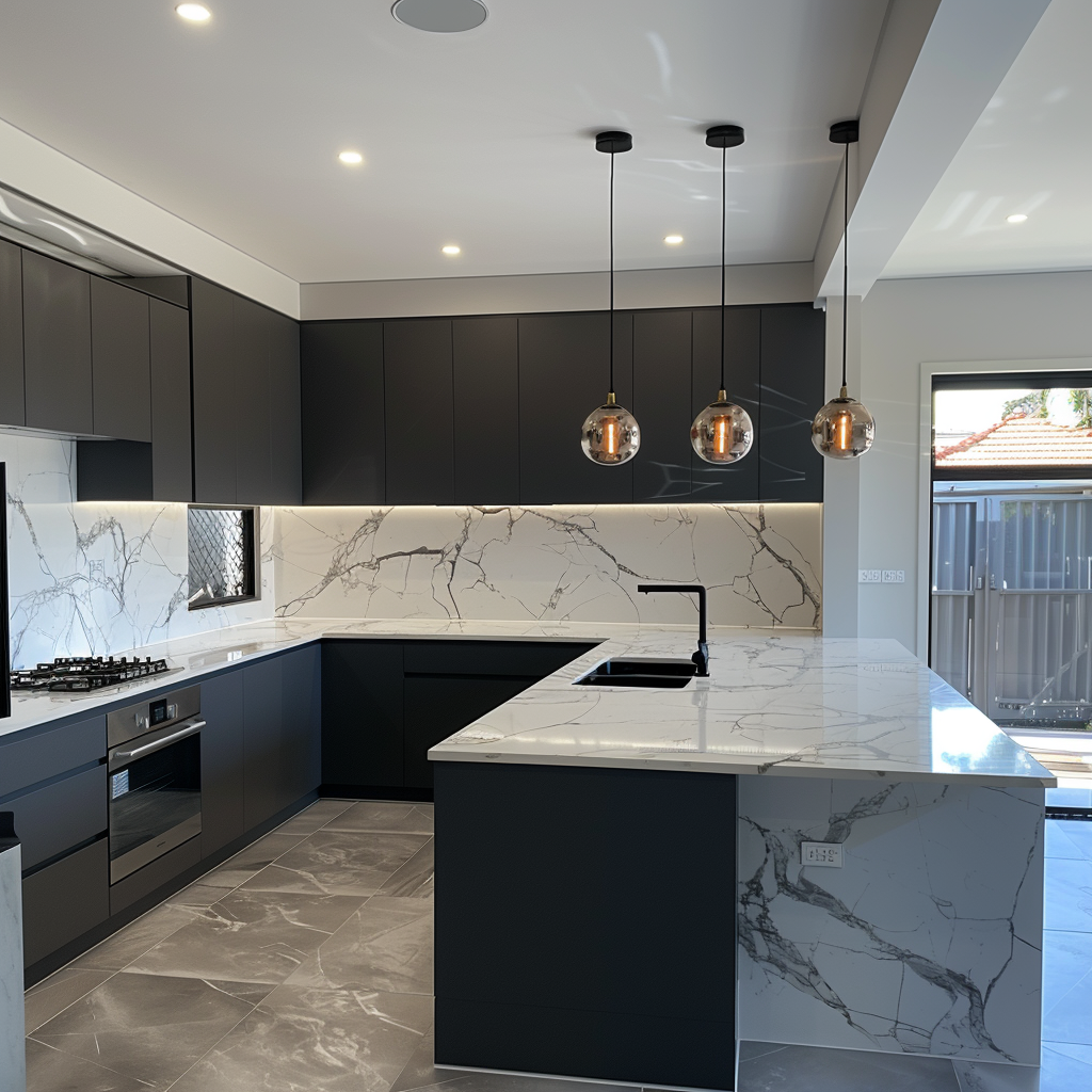 Stunning modern kitchen with marble countertops and sleek plumbing fixtures.